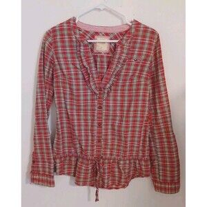 Vtg Y2K Hollister Babydoll Plaid Top Womens Large Red Longsleeve Tie Waist